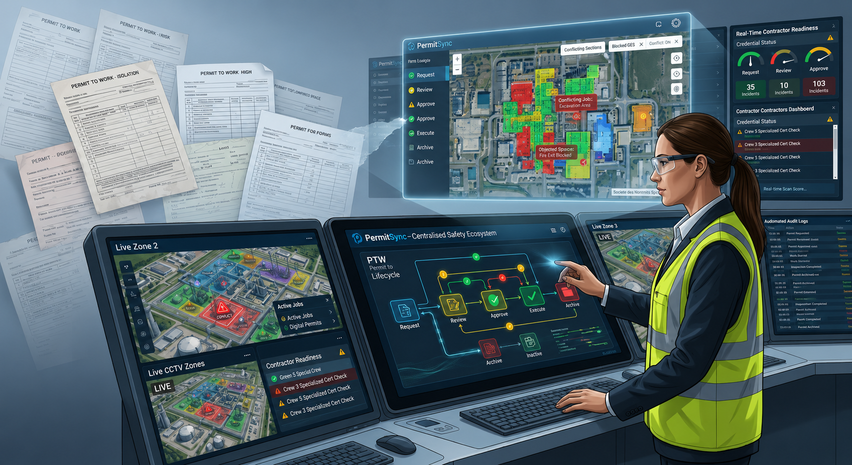 A safety engineer monitors digital permit-to-work operations through real-time dashboards in a centralized control room.