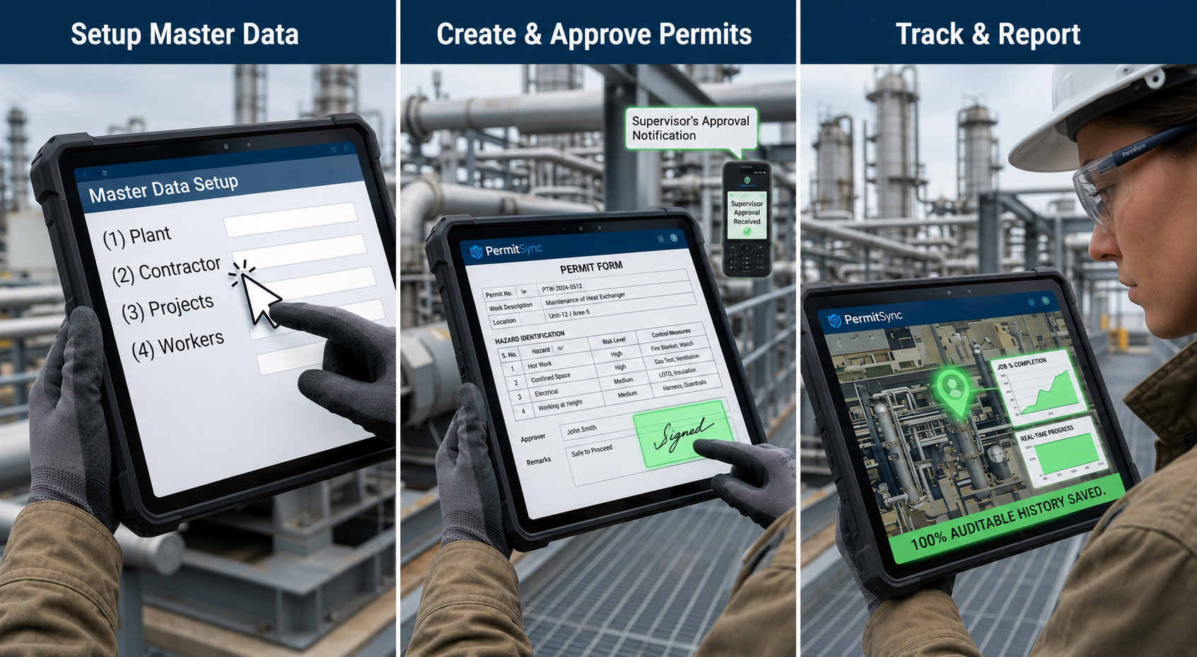 Workers use a rugged tablet to create, approve, and track digital work permits in an industrial facility.