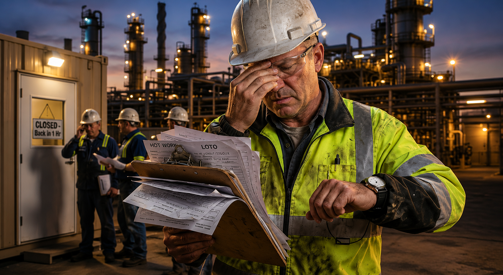 A refinery worker struggles with paper-based permits, illustrating the inefficiencies of manual permit management.