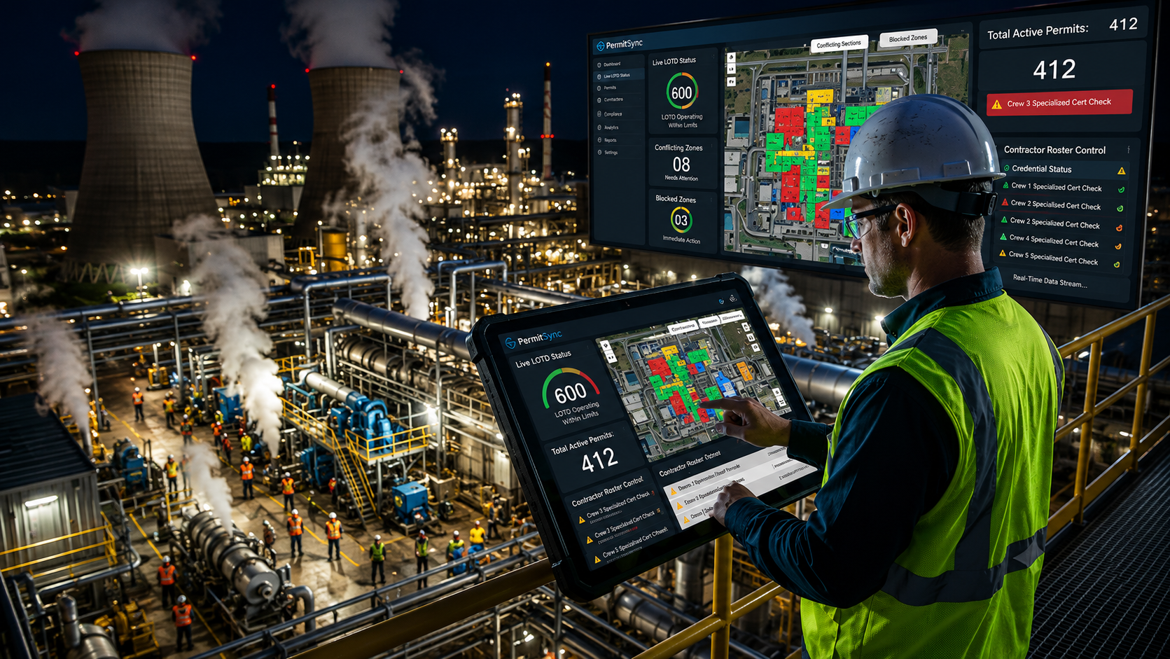A supervisor oversees plant shutdown activities using a live digital permit dashboard and real-time operational insights.