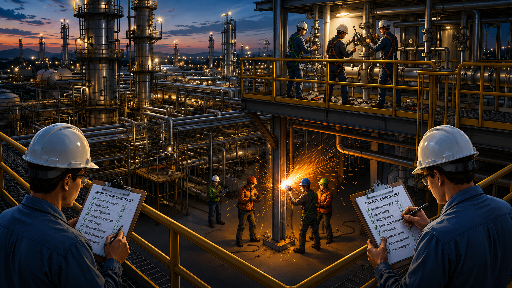 Engineers inspect simultaneous maintenance activities while monitoring safety compliance in an industrial plant.