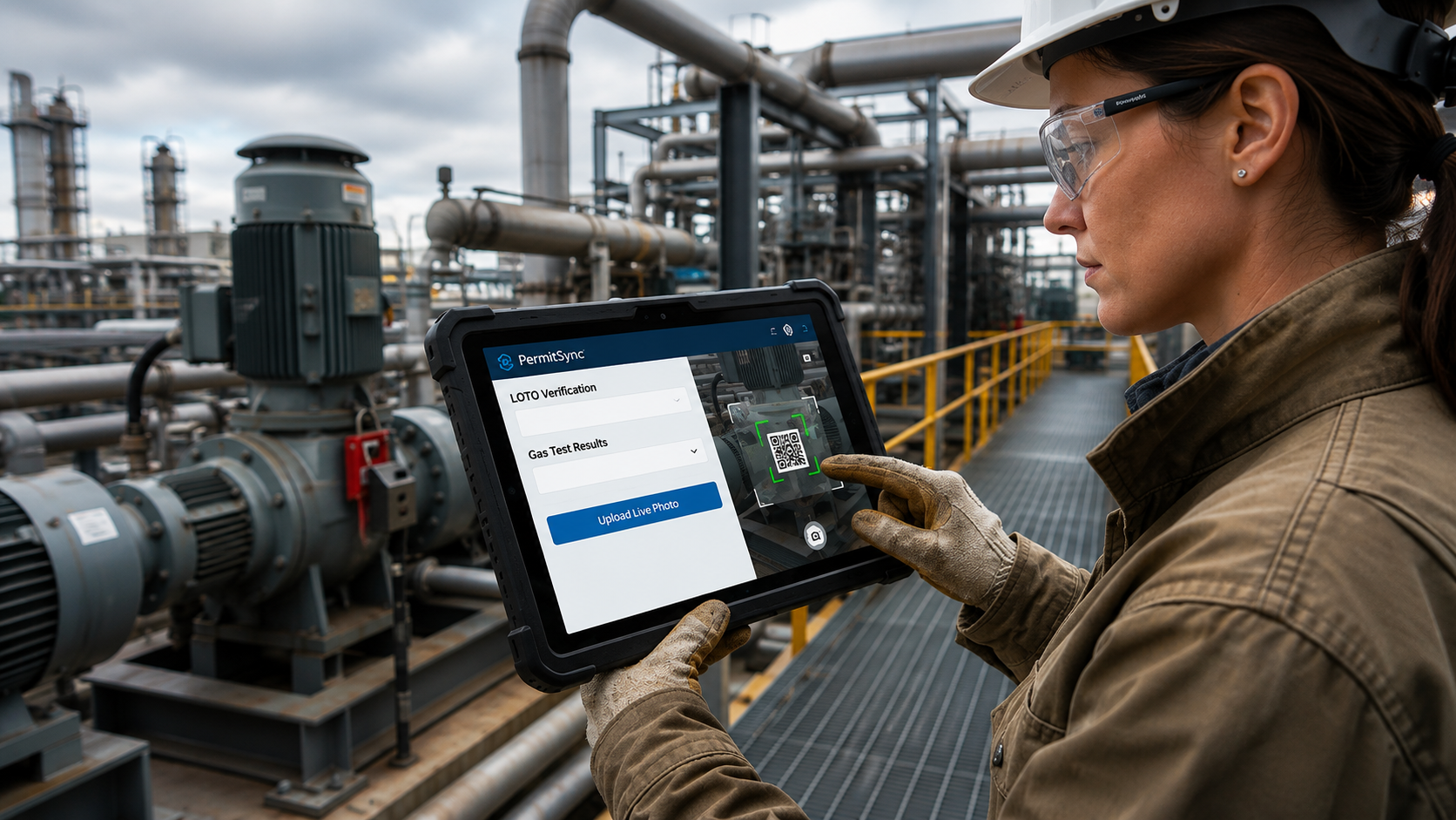 A field engineer verifies equipment and safety compliance using a mobile permit-to-work application on a rugged tablet.